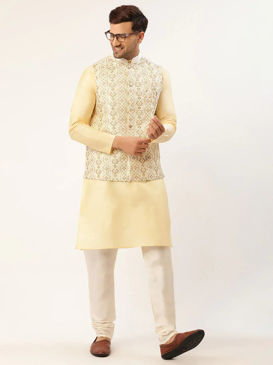 Jompers Men's White & Gold Embroidered Woven Nehru Jacket