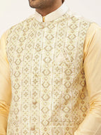 Jompers Men's White & Gold Embroidered Woven Nehru Jacket