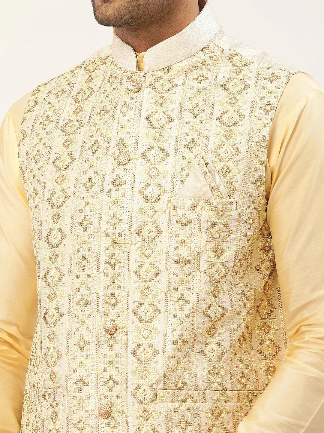 Jompers Men's White & Gold Embroidered Woven Nehru Jacket