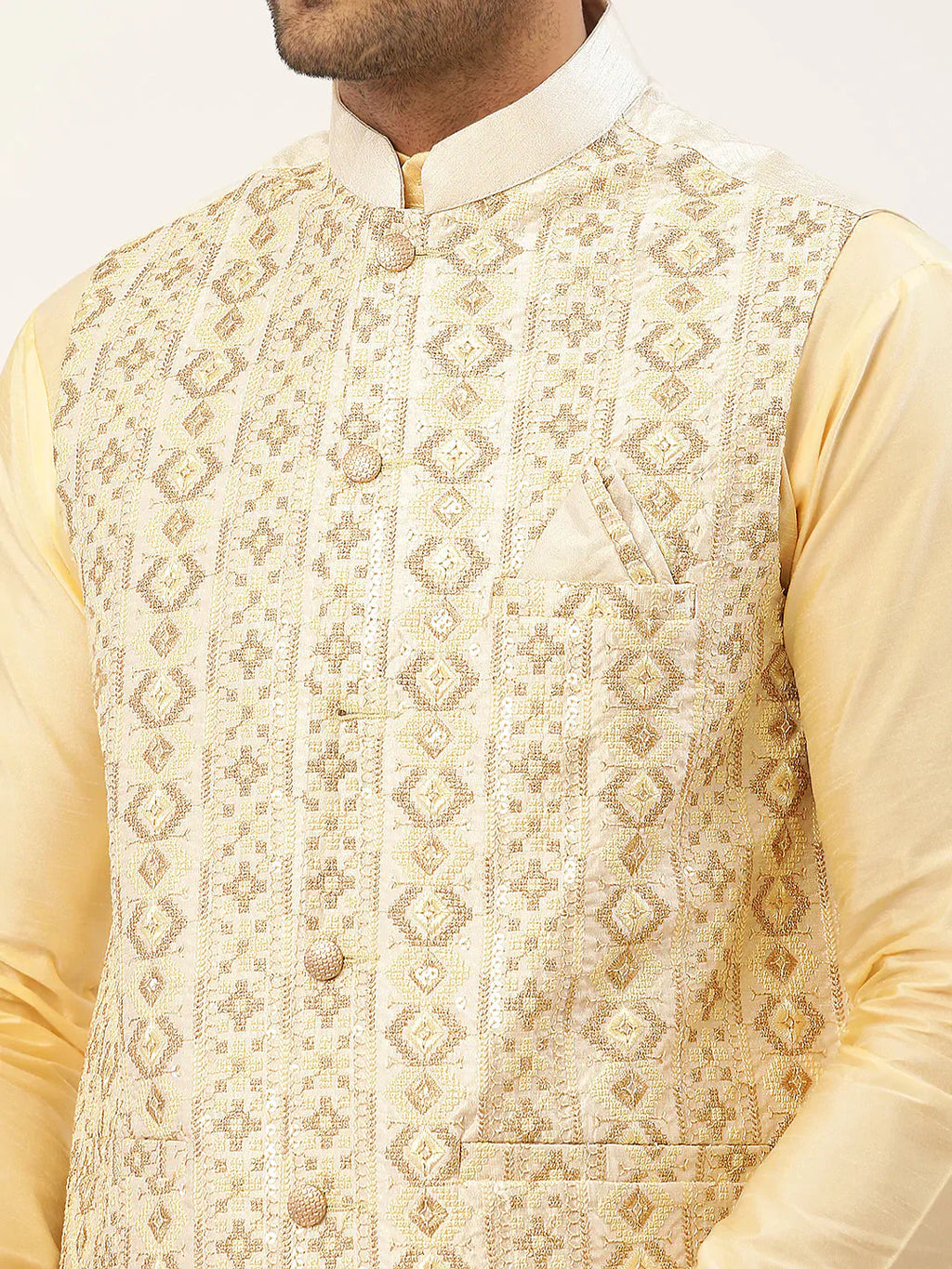 Jompers Men's White & Gold Embroidered Woven Nehru Jacket