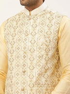 Jompers Men's White & Gold Embroidered Woven Nehru Jacket