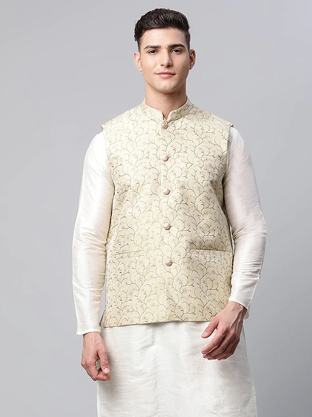 Jompers Men's Beige Printed textured Nehru Jacket