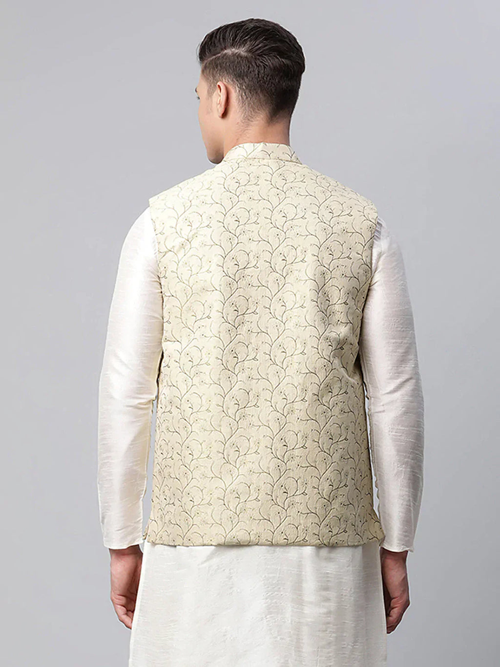 Jompers Men's Beige Printed textured Nehru Jacket