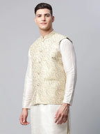 Jompers Men's Beige Printed textured Nehru Jacket