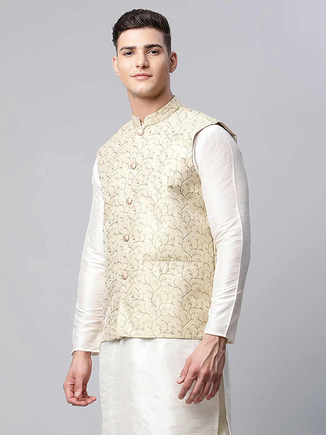 Jompers Men's Beige Printed textured Nehru Jacket