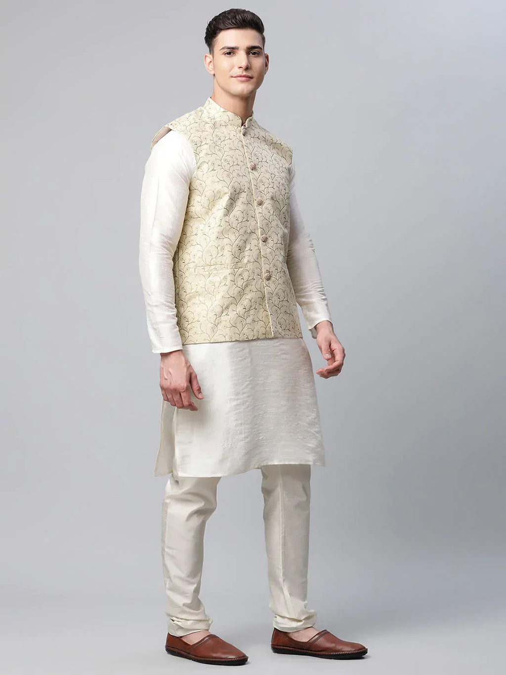 Jompers Men's Beige Printed textured Nehru Jacket