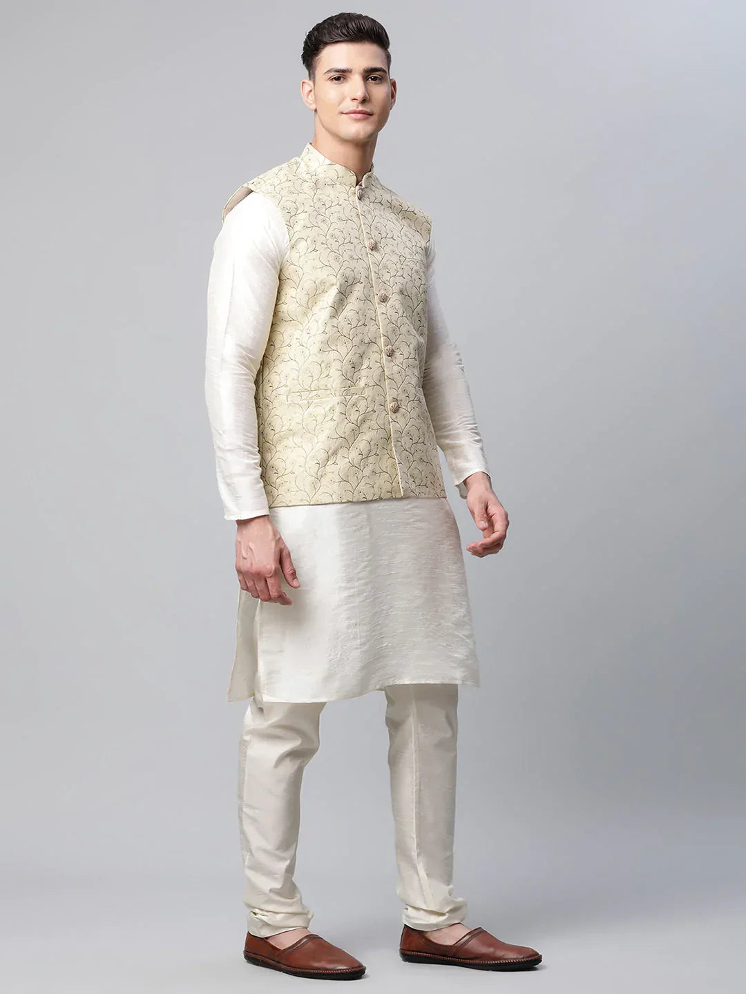 Jompers Men's Beige Printed textured Nehru Jacket