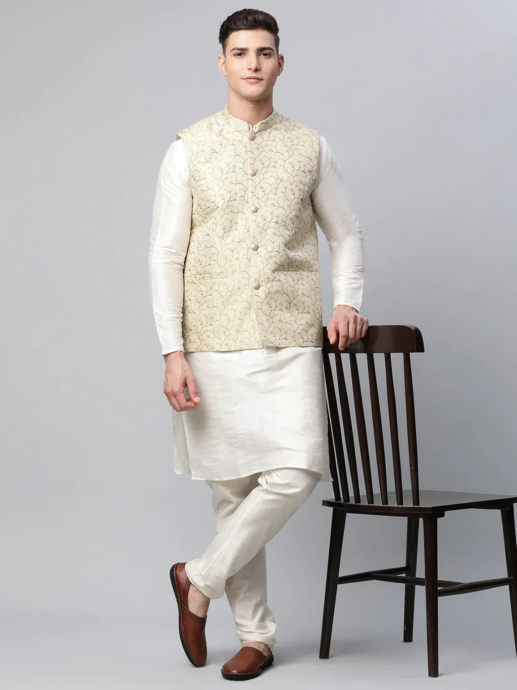 Jompers Men's Beige Printed textured Nehru Jacket