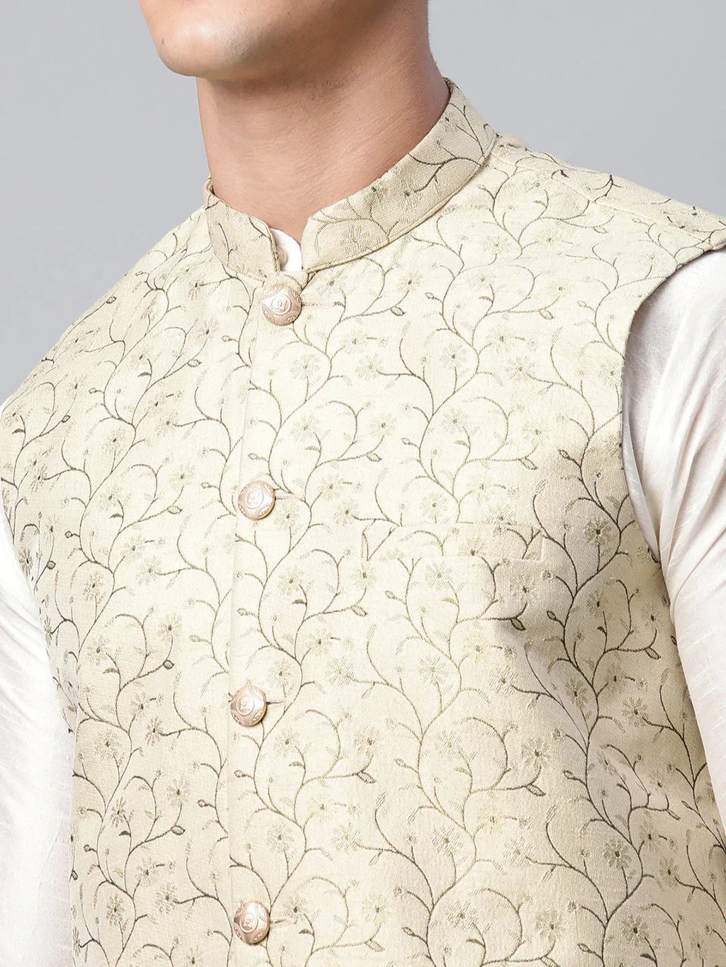 Jompers Men's Beige Printed textured Nehru Jacket