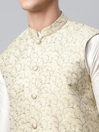 Jompers Men's Beige Printed textured Nehru Jacket