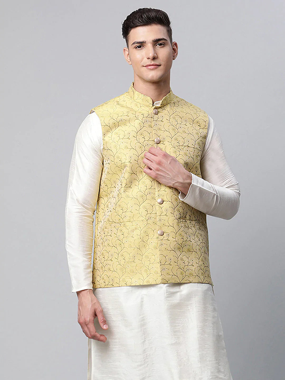 Jompers Men's Lemon Printed textured Nehru Jacket