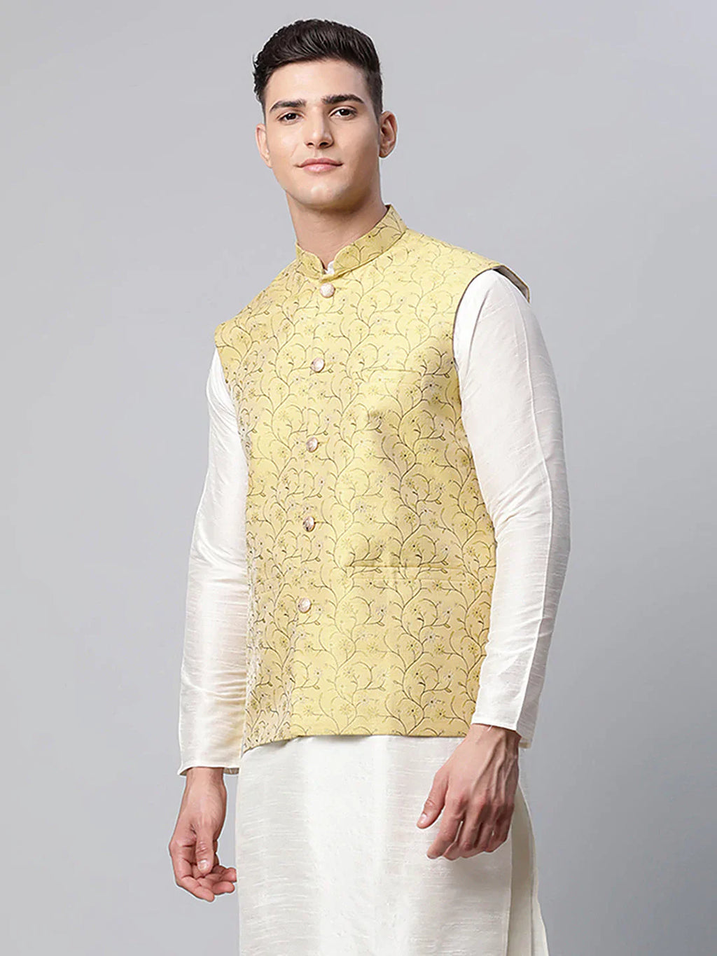 Jompers Men's Lemon Printed textured Nehru Jacket