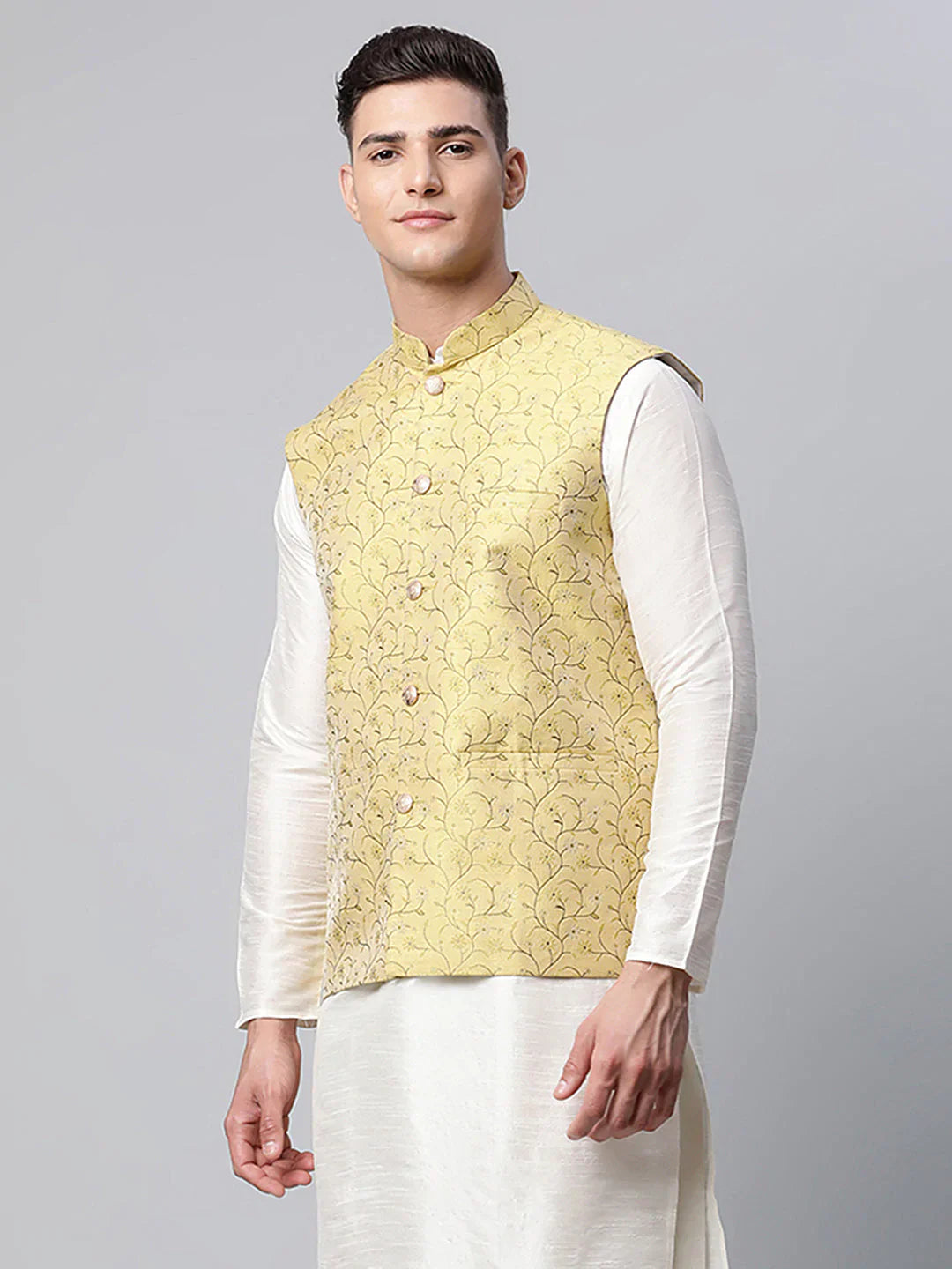 Jompers Men's Lemon Printed textured Nehru Jacket