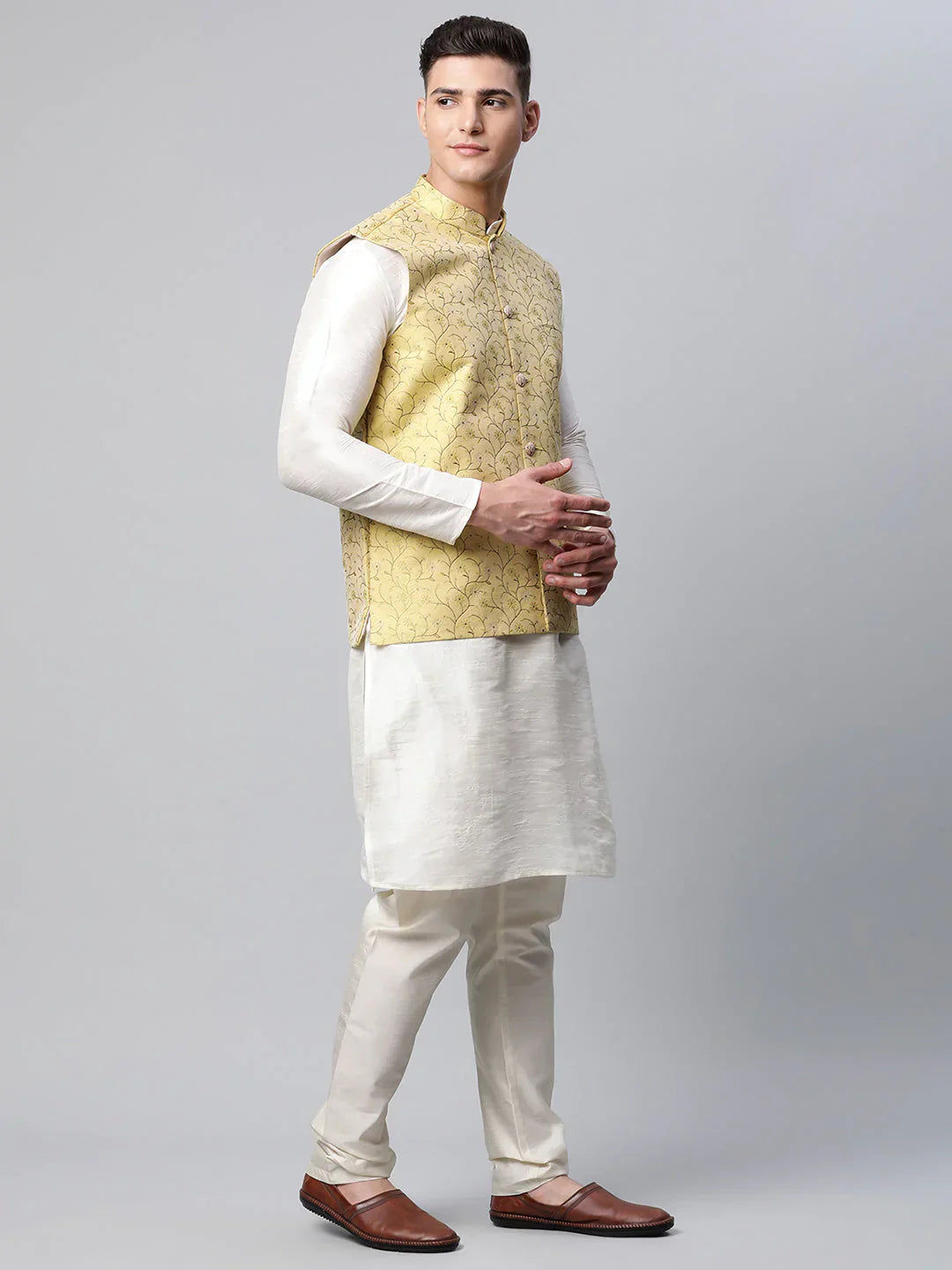 Jompers Men's Lemon Printed textured Nehru Jacket
