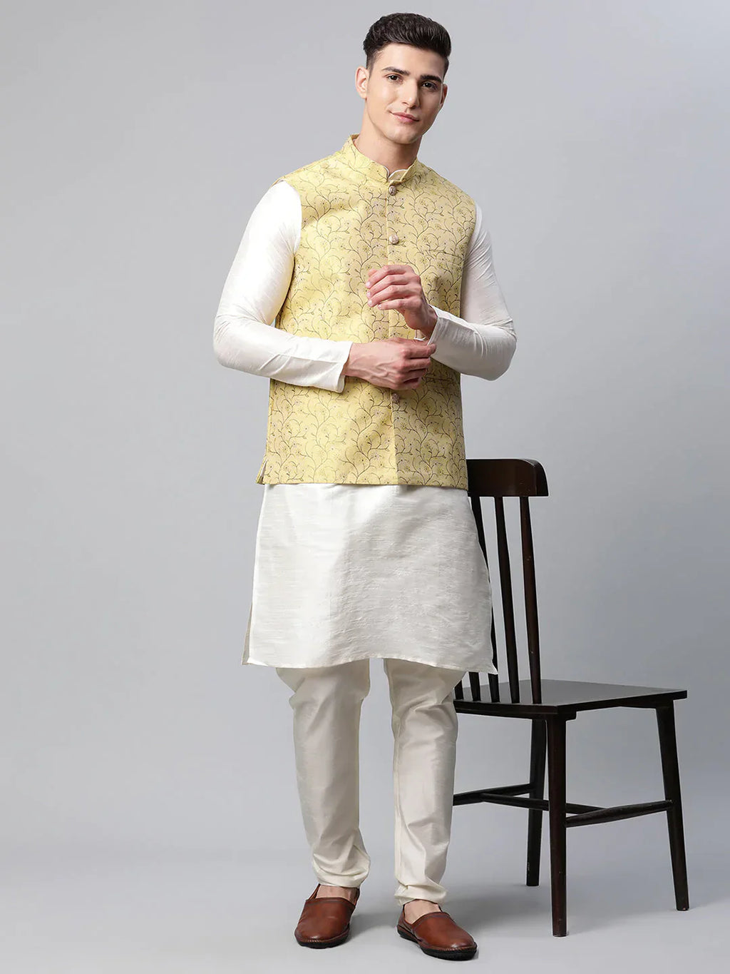 Jompers Men's Lemon Printed textured Nehru Jacket