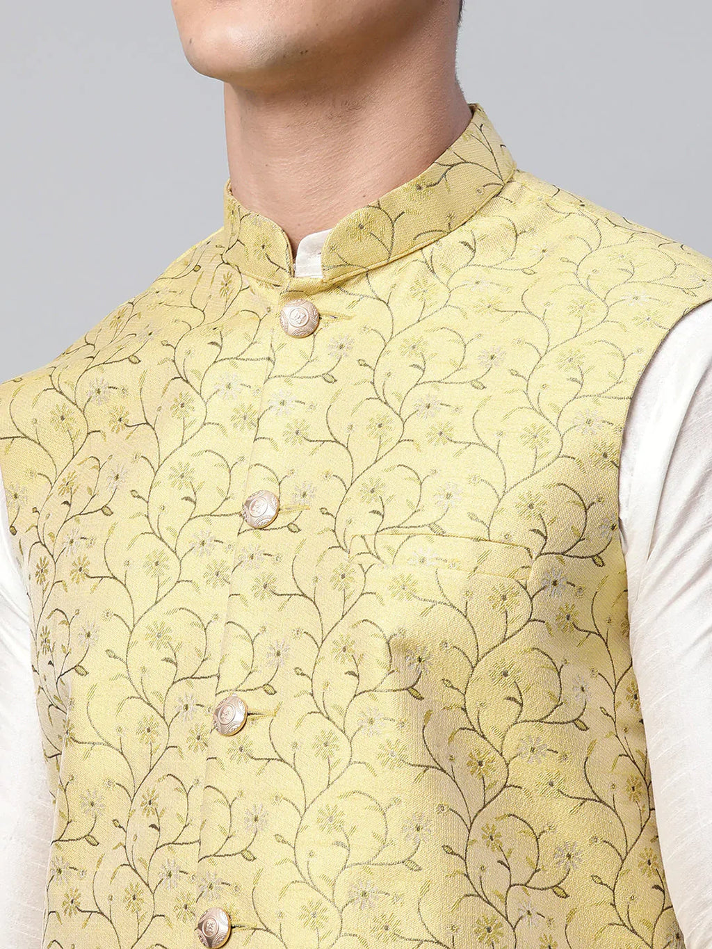 Jompers Men's Lemon Printed textured Nehru Jacket