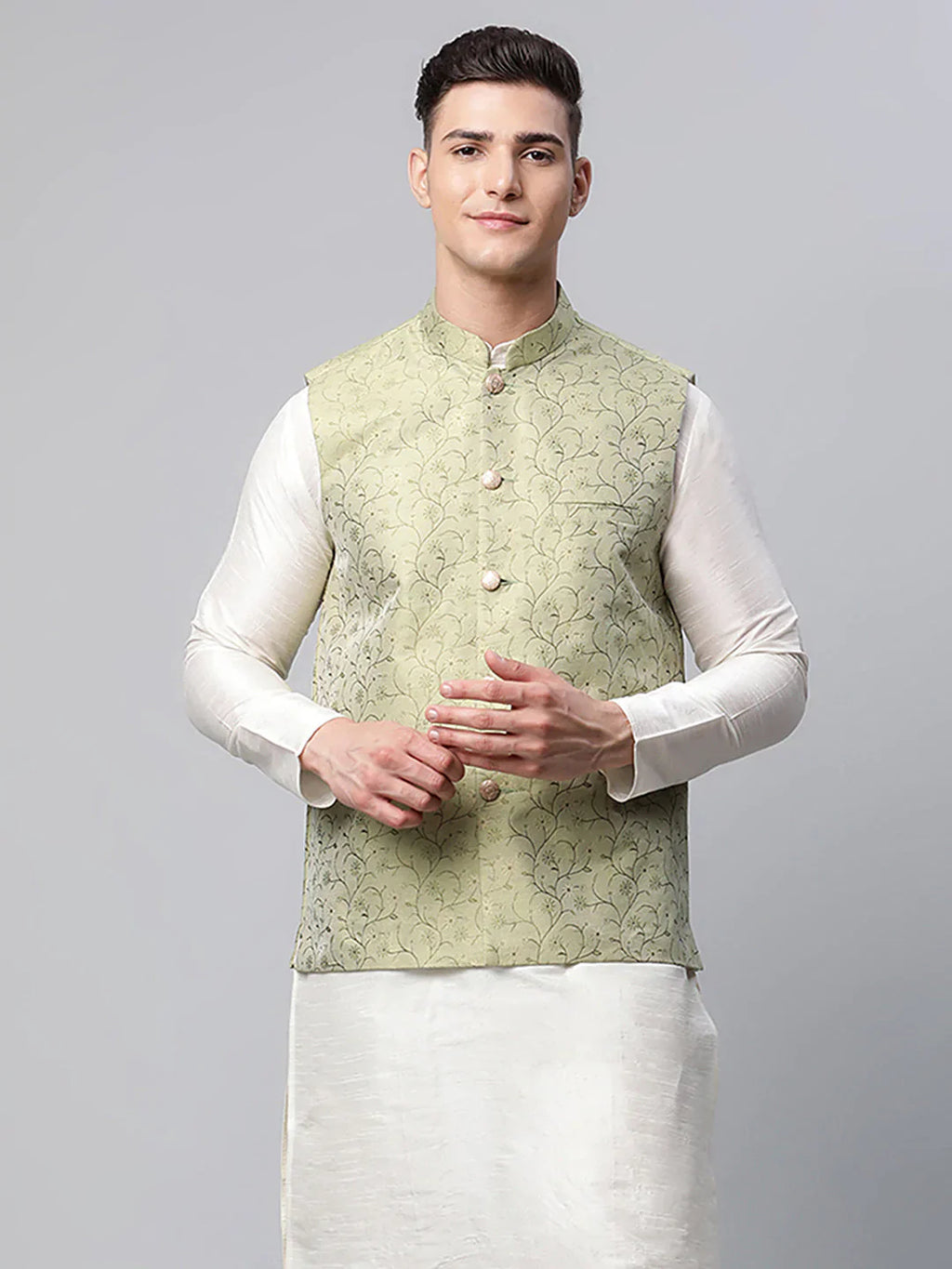 Jompers Men's Pista Green Printed textured Nehru Jacket