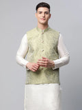 Jompers Men's Pista Green Printed textured Nehru Jacket