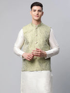 Jompers Men's Pista Green Printed textured Nehru Jacket