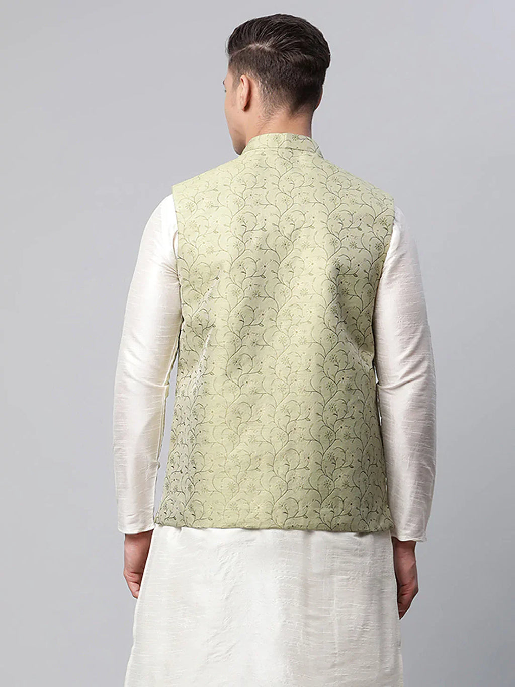 Jompers Men's Pista Green Printed textured Nehru Jacket