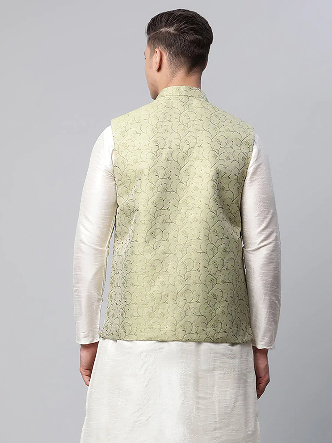 Jompers Men's Pista Green Printed textured Nehru Jacket