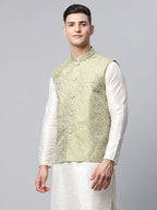 Jompers Men's Pista Green Printed textured Nehru Jacket