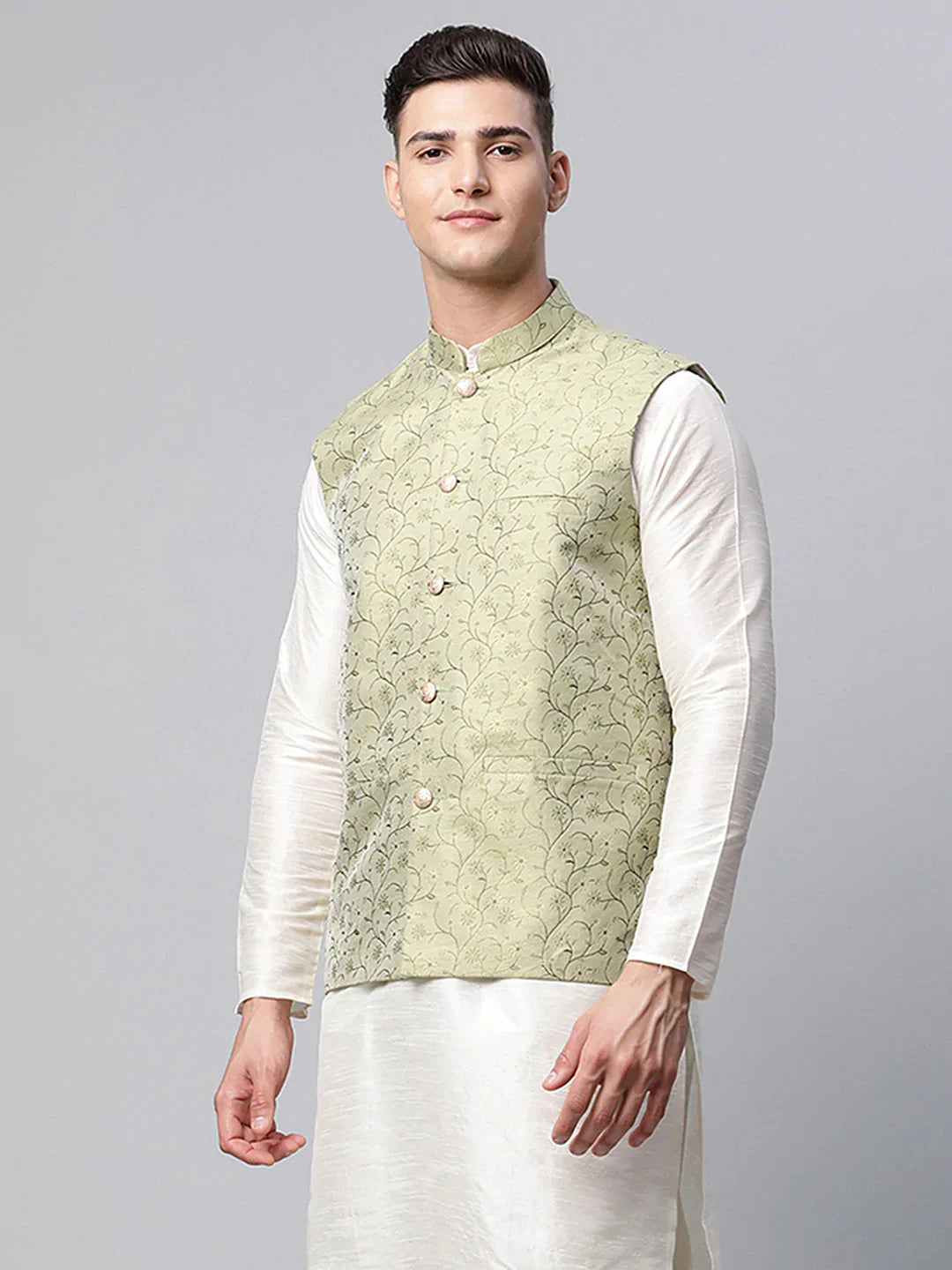 Jompers Men's Pista Green Printed textured Nehru Jacket