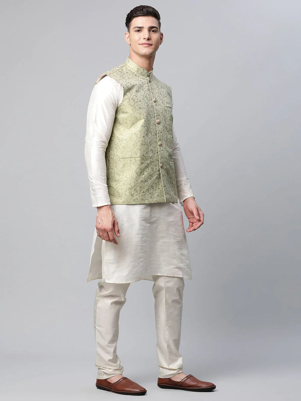Jompers Men's Pista Green Printed textured Nehru Jacket