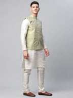 Jompers Men's Pista Green Printed textured Nehru Jacket
