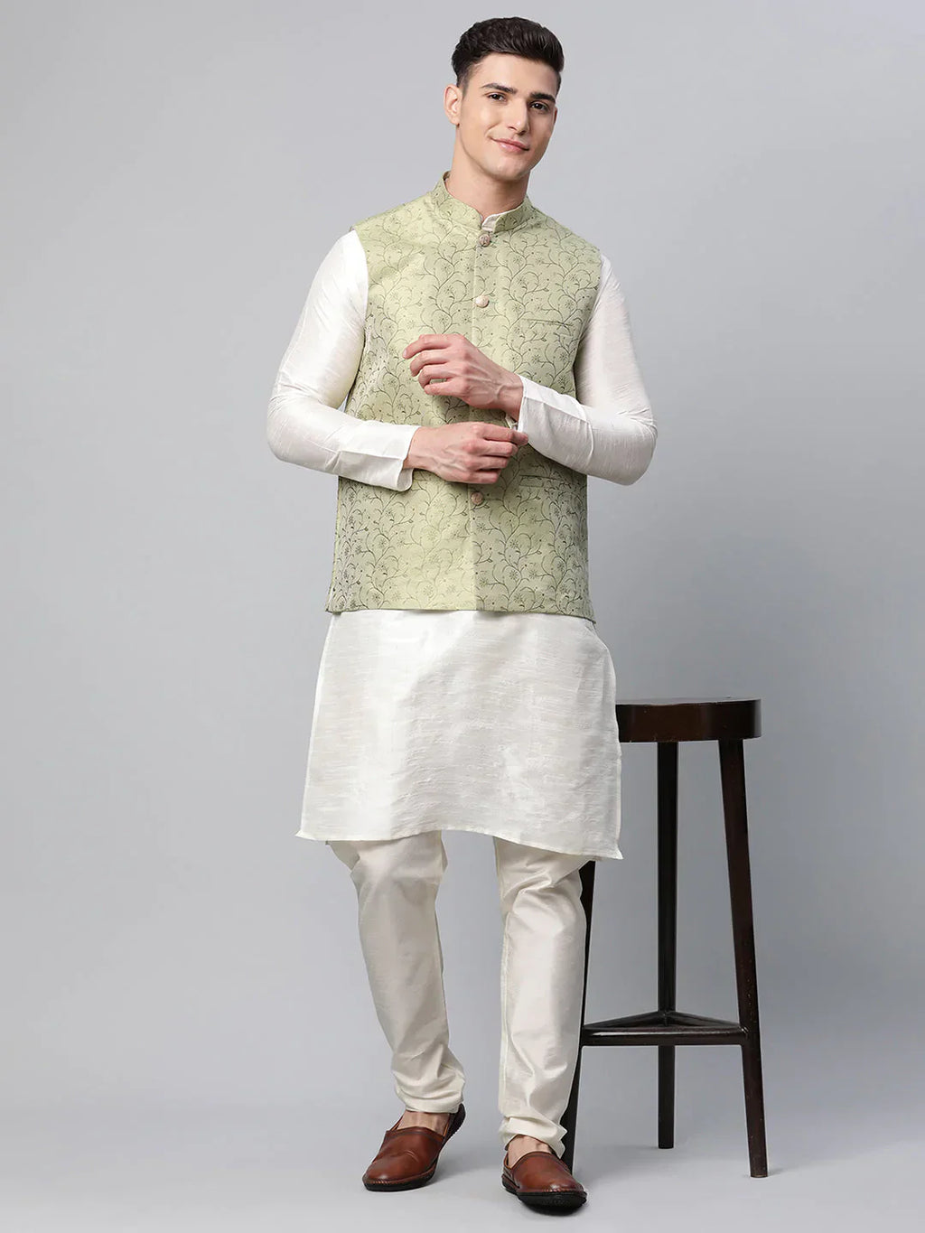 Jompers Men's Pista Green Printed textured Nehru Jacket