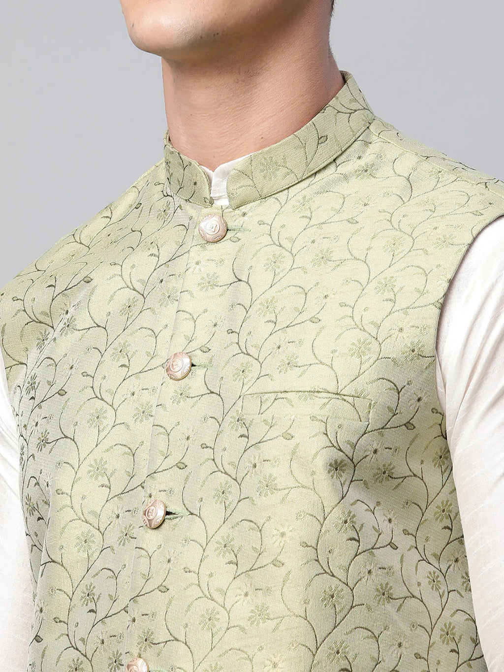 Jompers Men's Pista Green Printed textured Nehru Jacket