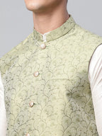 Jompers Men's Pista Green Printed textured Nehru Jacket