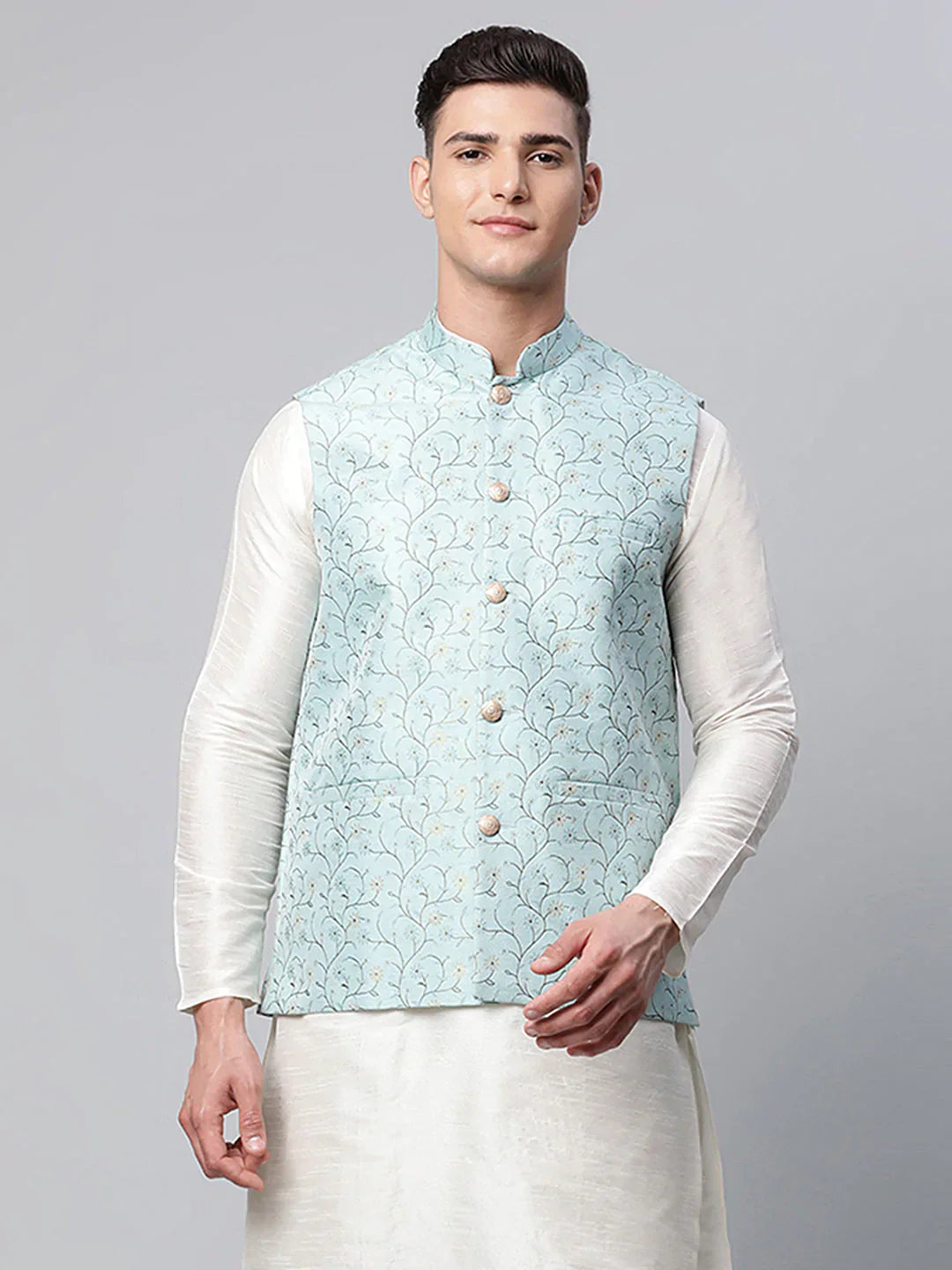 Jompers Men's Sky Blue Printed textured Nehru Jacket