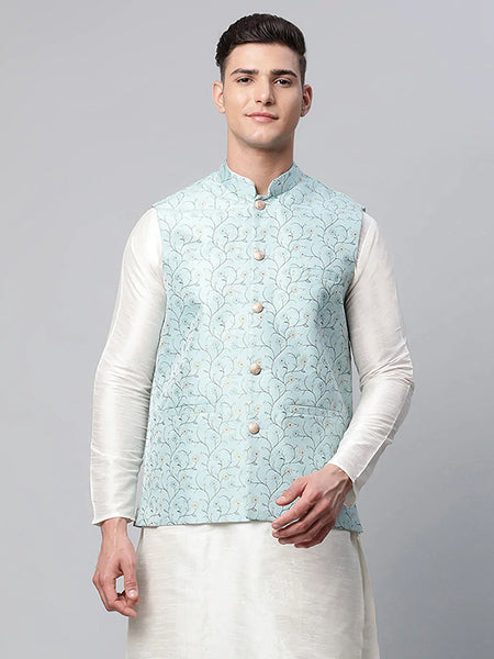 Jompers Men's Sky Blue Printed textured Nehru Jacket
