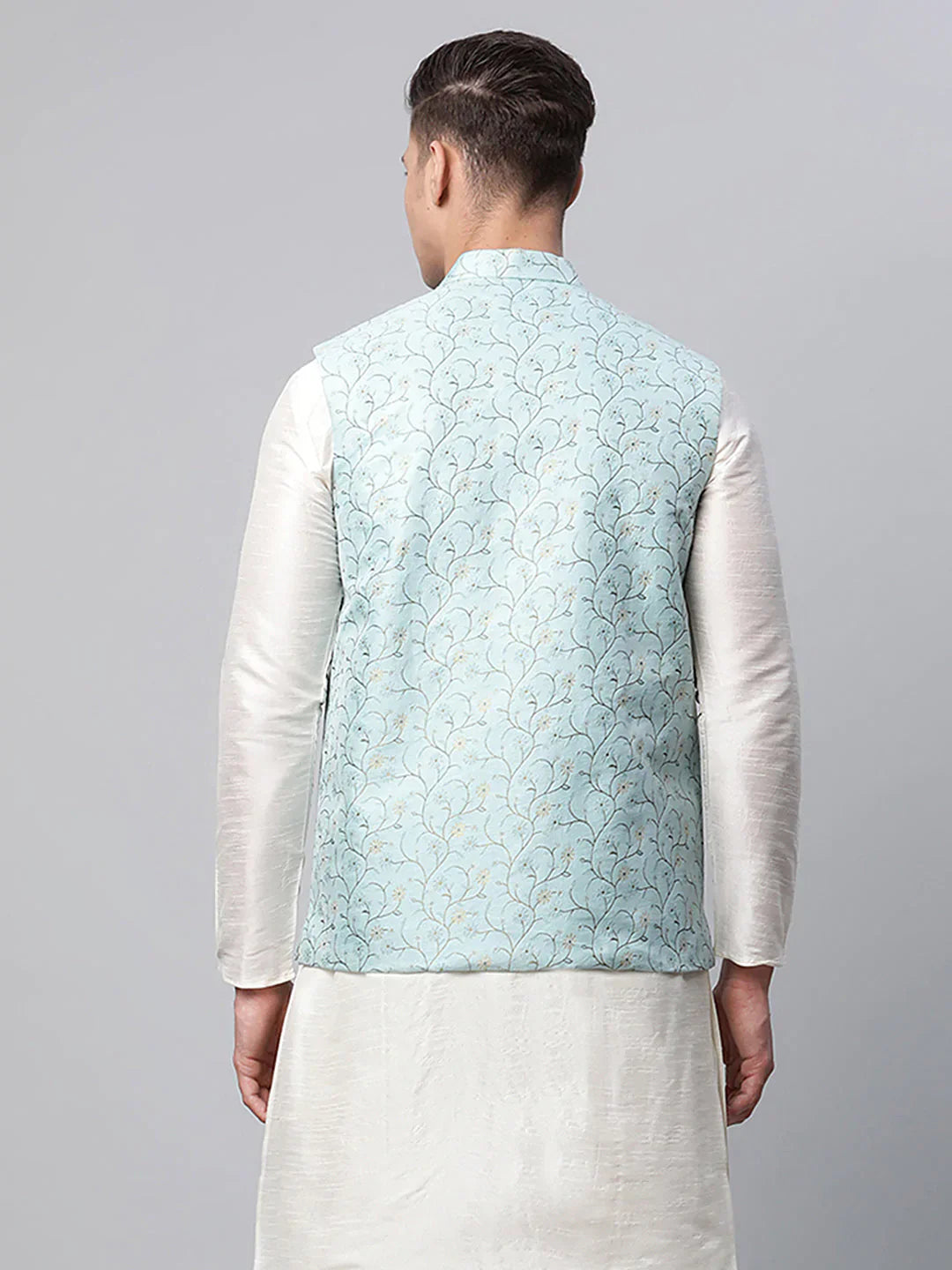 Jompers Men's Sky Blue Printed textured Nehru Jacket