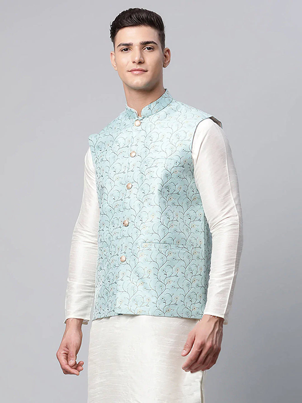 Jompers Men's Sky Blue Printed textured Nehru Jacket