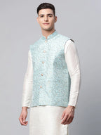 Jompers Men's Sky Blue Printed textured Nehru Jacket