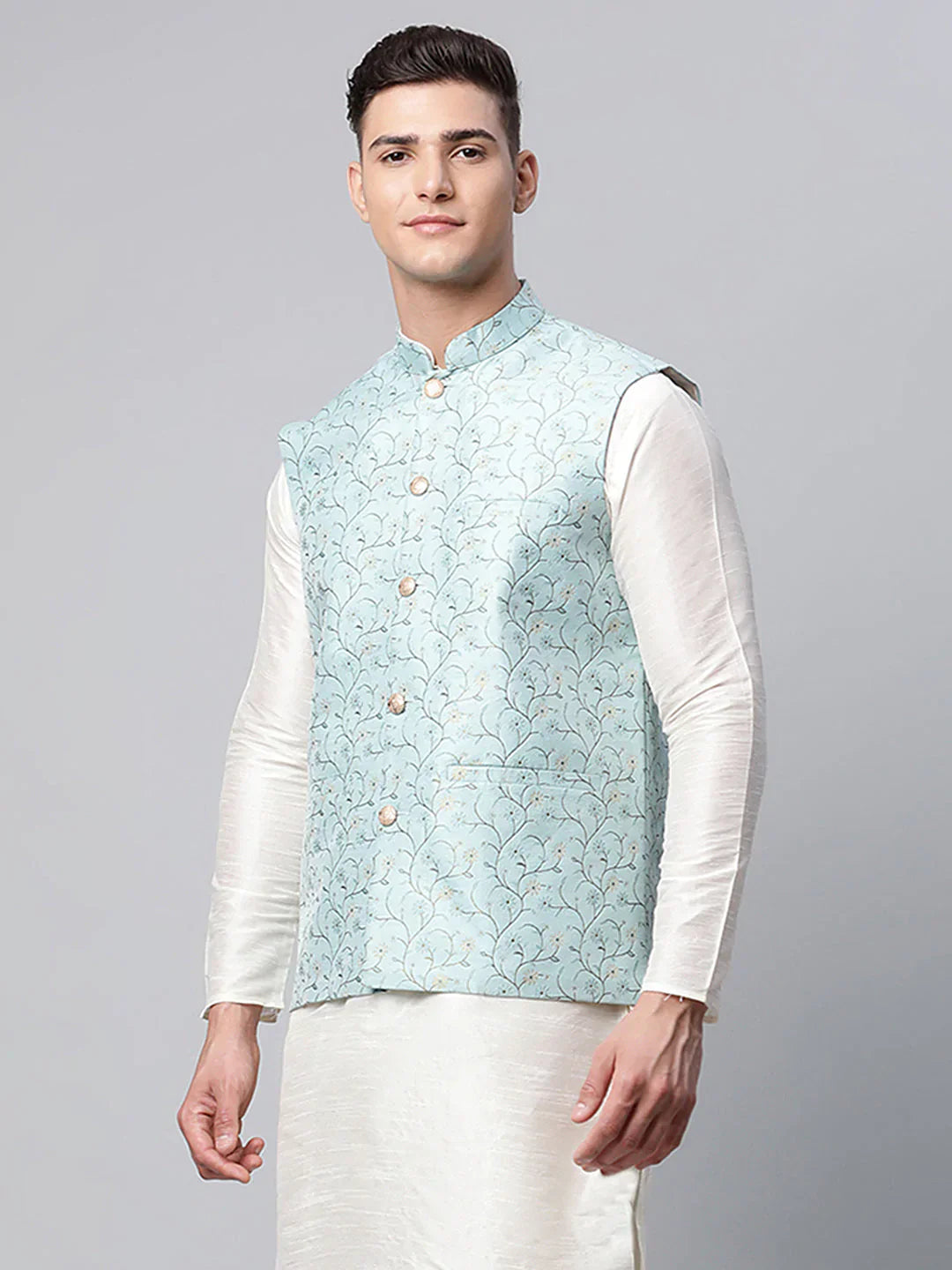 Jompers Men's Sky Blue Printed textured Nehru Jacket