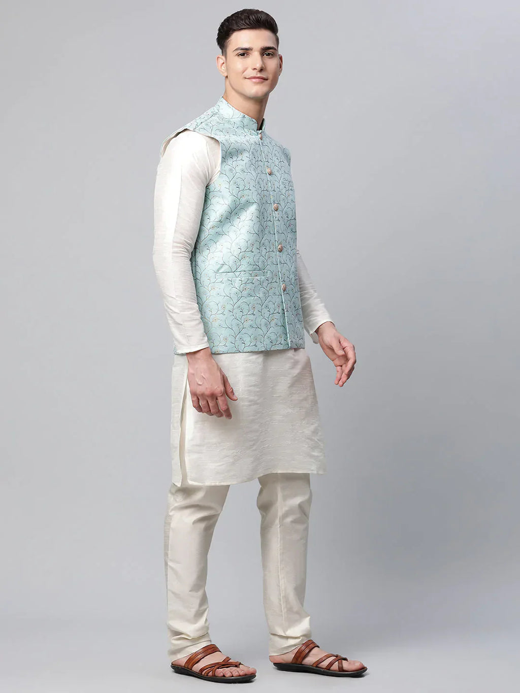 Jompers Men's Sky Blue Printed textured Nehru Jacket