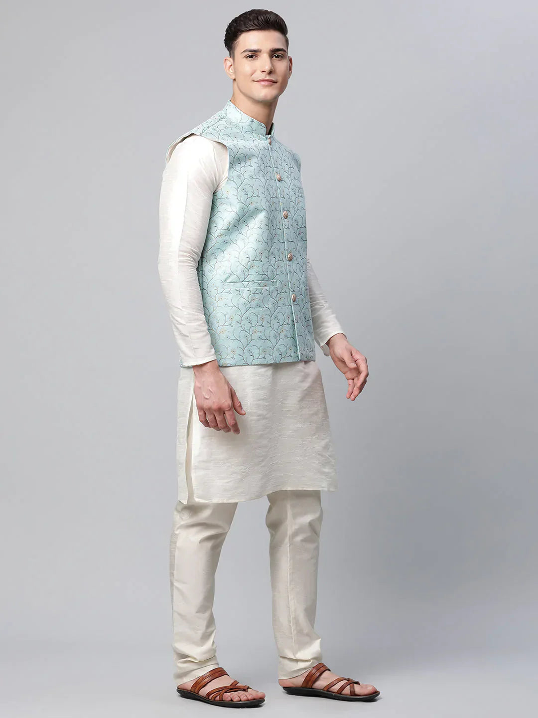 Jompers Men's Sky Blue Printed textured Nehru Jacket