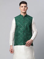Jompers Men's Green Mirror Work Embroidered Nehru Jacket