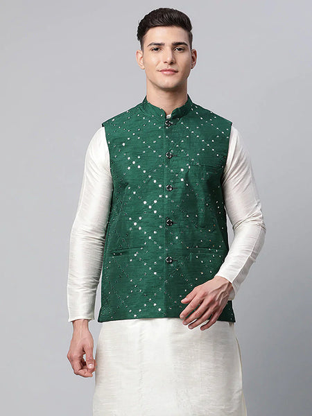 Jompers Men's Green Mirror Work Embroidered Nehru Jacket