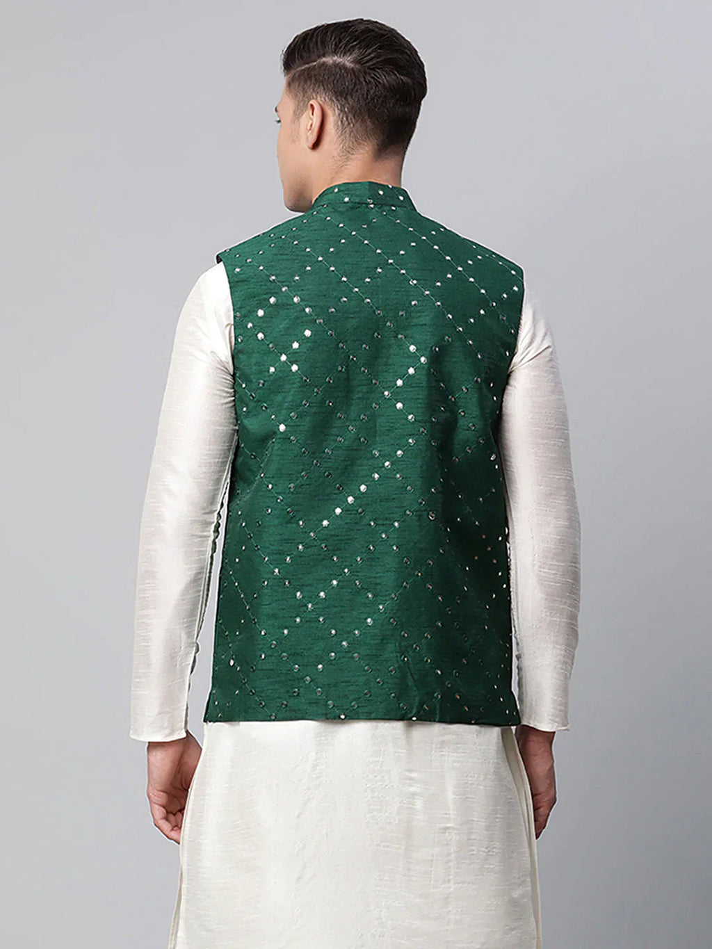 Jompers Men's Green Mirror Work Embroidered Nehru Jacket