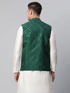 Jompers Men's Green Mirror Work Embroidered Nehru Jacket