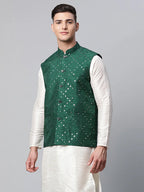 Jompers Men's Green Mirror Work Embroidered Nehru Jacket
