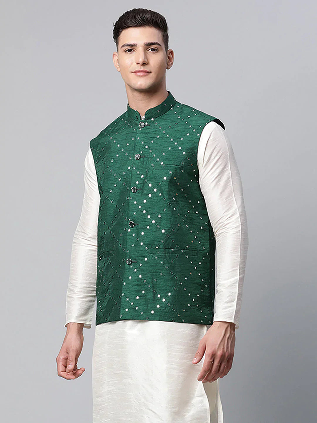 Jompers Men's Green Mirror Work Embroidered Nehru Jacket