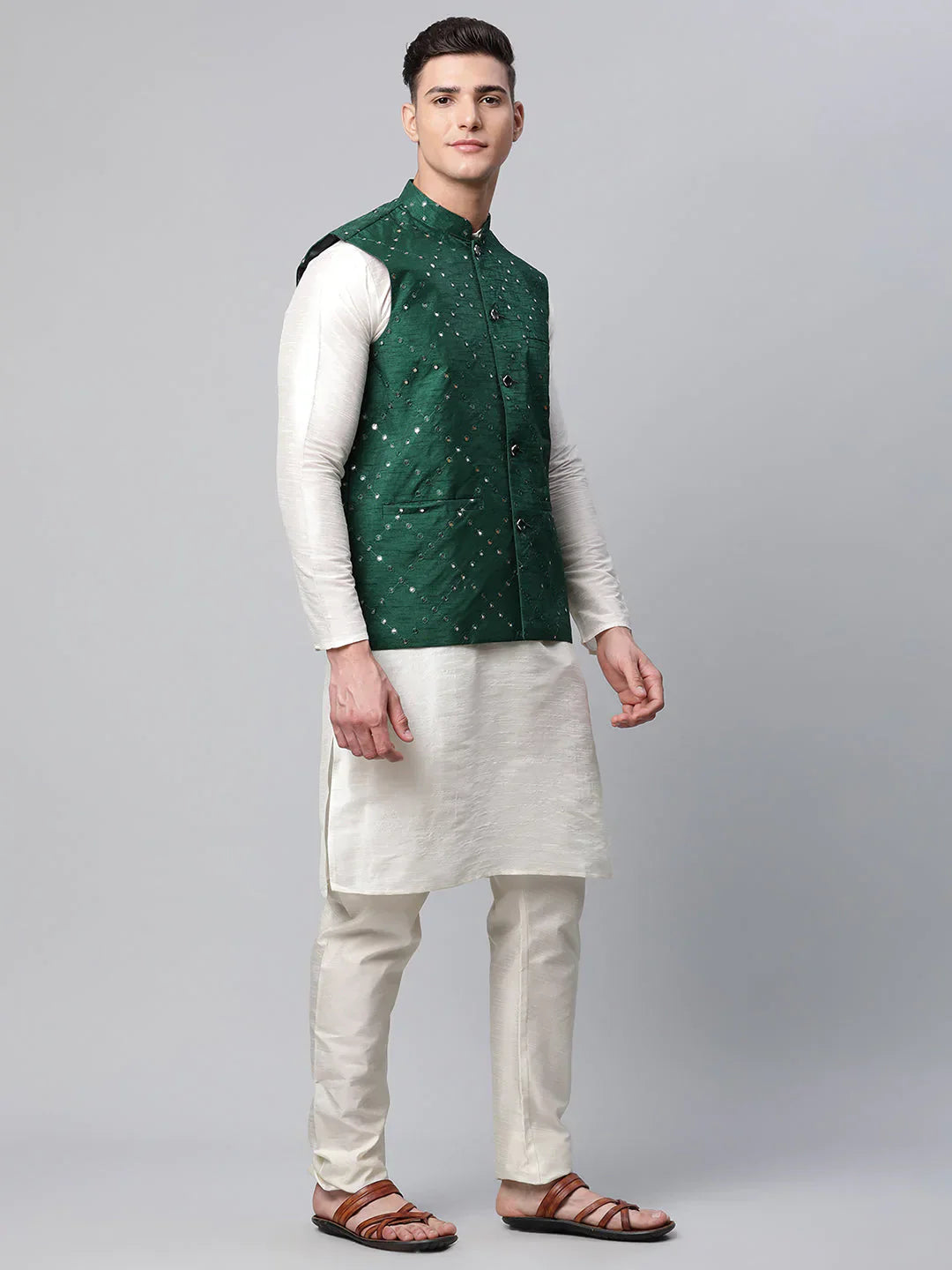Jompers Men's Green Mirror Work Embroidered Nehru Jacket