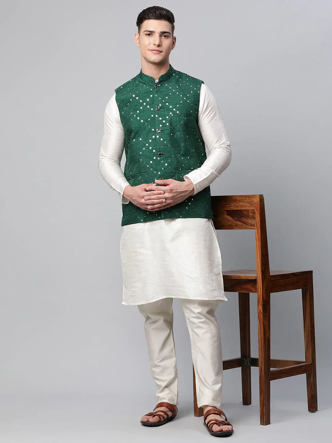 Jompers Men's Green Mirror Work Embroidered Nehru Jacket
