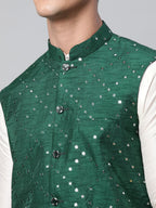 Jompers Men's Green Mirror Work Embroidered Nehru Jacket
