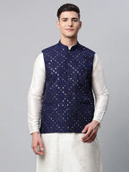 Jompers Men's Navy Mirror Work Embroidered Nehru Jacket